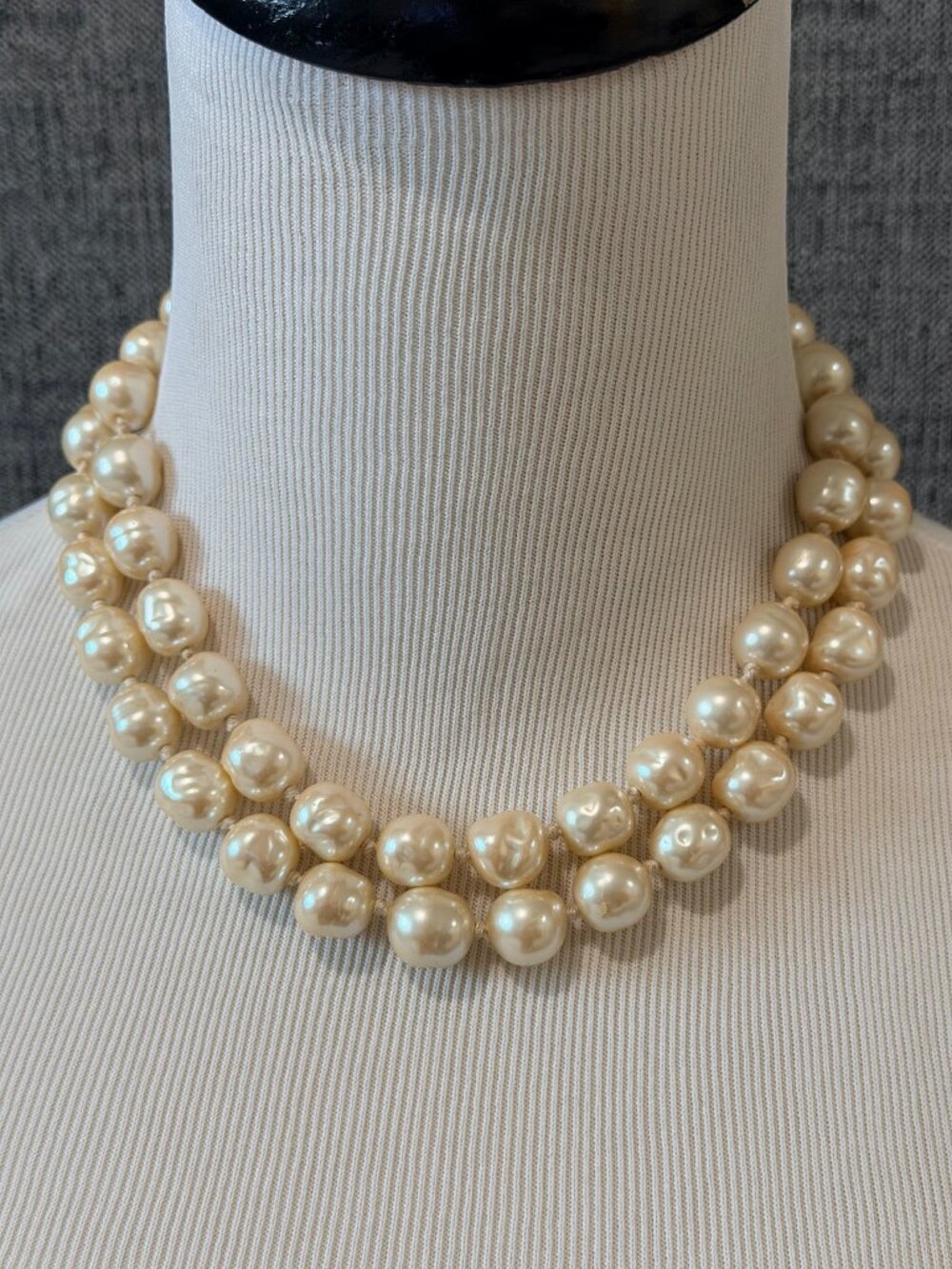 Antique Double Strand Baroque Cream Faux Pearl Handd Knotted Necklace by JADED